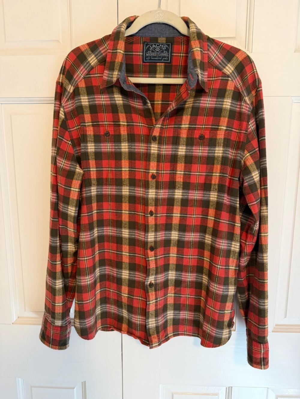 Jachs Washed Flannel Plaid Button Front Shirt Men's Large Red Brown Soft